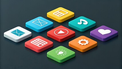Isometric Colorful Tiles with White Symbols for Interface Design and Application Development Concepts.