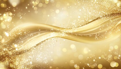 The illustration shows a golden wave with glittering sparkles and bokeh lights on a gold background.