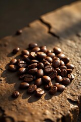 Wall Mural - Dark roasted coffee beans on rustic stone, sunlit , texture, roasted, food