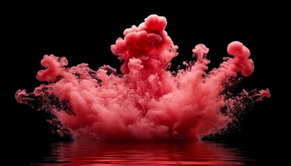 The image shows a red ink cloud exploding in water, creating an abstract design against a black background, reflected in the water below.
