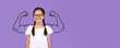 © Prostock-studio - A young Asian girl confidently smiles while posing, her playful spirit highlighted by drawn biceps behind her. The bright purple background enhances her cheerful demeanor and message of strength.