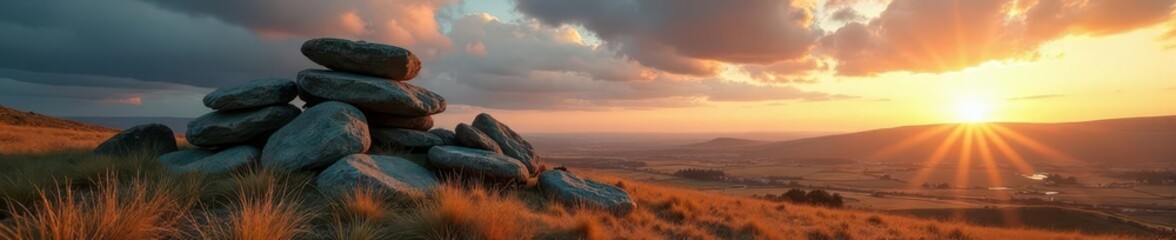 Wall Mural - Erosion-worn millstones against dramatic sky, Stanage Edge, rock, dramatic, weathered