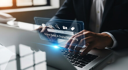 Person using laptop with online retail and digital marketing search interface overlayed on the screen on transparent background