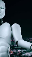 Wall Mural - ai hominoid robot holding hologram screen shows concept of global communication network using artifi