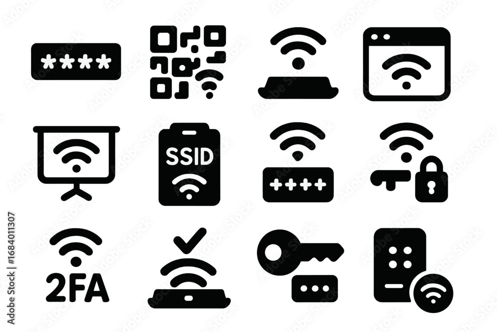 Wi-Fi Credential Icons. Solid style icons of Wi-Fi access credentials ...