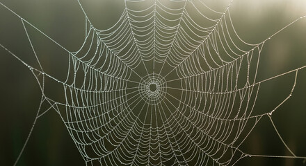 Dew-covered spiderweb, intricate radial design, showcasing nature's delicate artistry and resilience, perfect for nature or design concepts