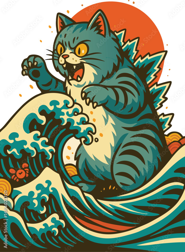 Cartoon Godzilla Style Cat Roaring in Japanese Wave Scene Vector ...