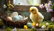 © Sargan - A charming baby chick stands amongst a nest of decorated eggs and springtime flowers, bathed in soft sunlight.