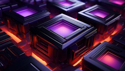 Wall Mural - a close up of a black and purple cube with a red light on it the cube is surrounded by other black a