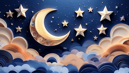 Wall Mural - night sky with stars and moon paper art style dreamy background with moon stars and clouds abstract fantasy background half moon stars and clouds on the dark night sky background