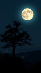 Wall Mural - Dark Fantasy Landscape with Full Moon Silhouetted Tree and Futuristic City vertical