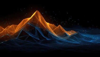 Abstract digital mountain range, glowing orange and blue, intricate network