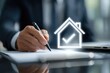 © Syukur - A person signs documents, a house icon glows above, signifying a real estate transaction