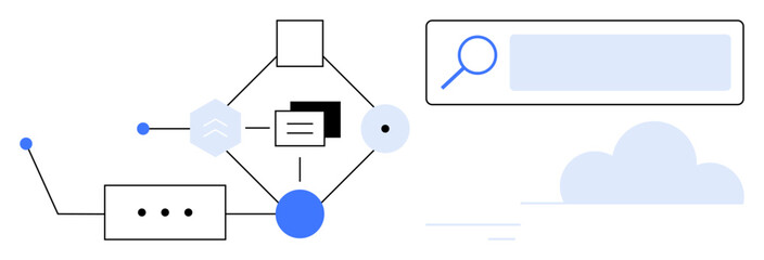 Geometric workflow diagram with nodes, lines, search bar, and cloud. Ideal for technology, process optimization, data management, workflow efficiency, connectivity innovation simple landing page