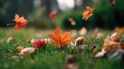 a serene autumn scene with vibrant orange and red leaves gently falling onto a lush green lawn, show