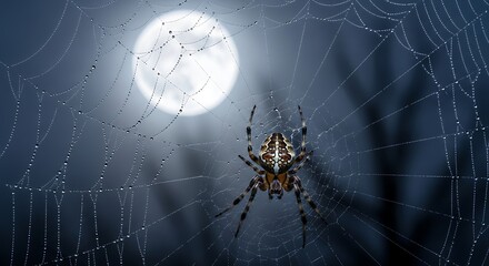 Orb weaver spider on dew covered web under moonlight water droplets