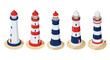 © di - Colorful isometric lighthouses on sandy beach background