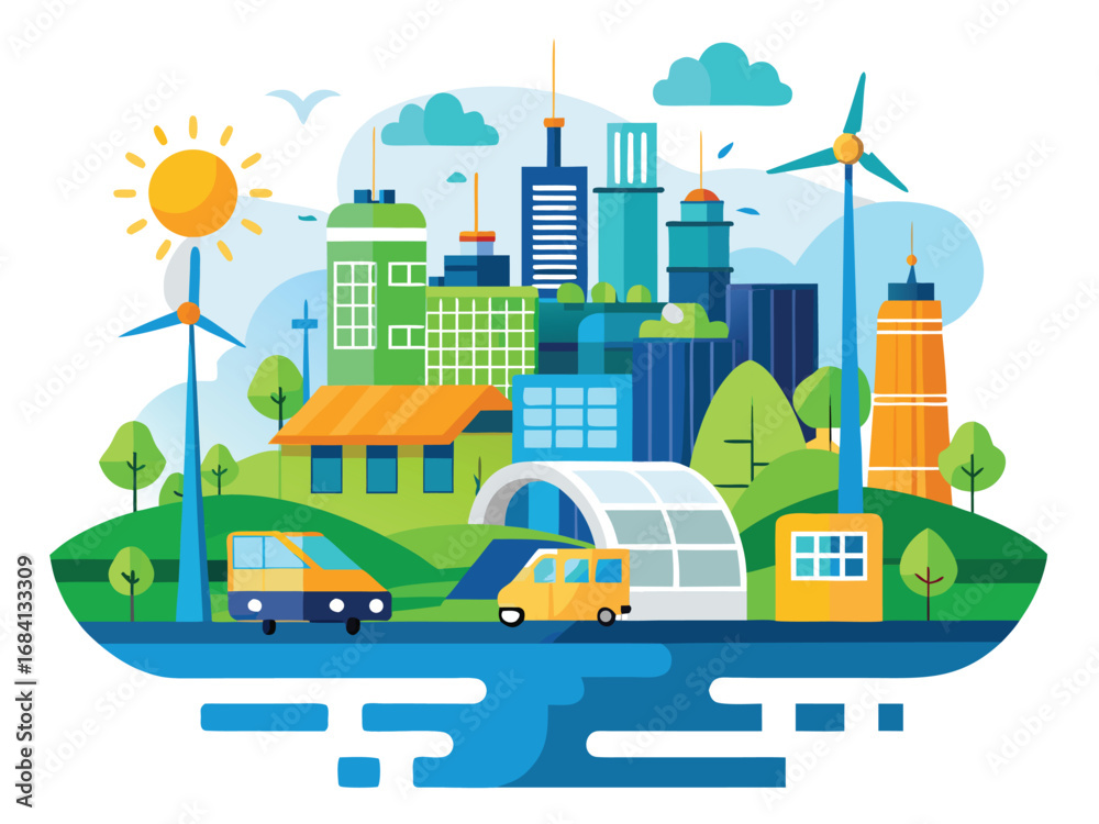 Modern smart eco city scene powered by renewable energy sources like ...