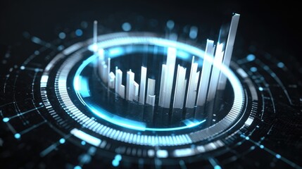 A futuristic digital interface displaying data analytics, showcasing rising graphs and metrics in a sleek, modern design with glowing blue accents, perfect for tech-related project