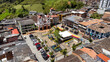 Granada, Antioquia, Colombia. June 28, 2025. Panoramic drone view of the Filial Church, a Catholic church.