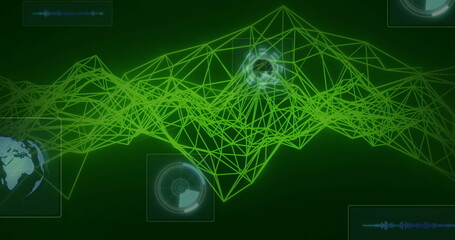 Wall Mural - animating wireframe mesh peaks on digital dashboard, with globe, circular hud, waveform panels