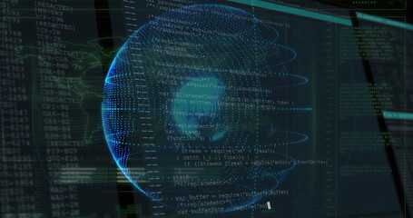 Wall Mural - 3d wireframe globe with orbital rings rotating on console, js snippets, terminal logs, map outline