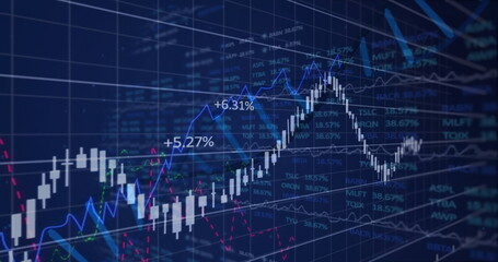 Wall Mural - Displaying white candlestick chart and line graphs on trading grid interface, with stock tickers