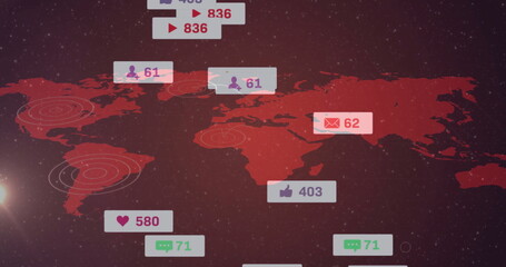 Wall Mural - Displaying stylized red world map on starry sky, with floating social media icons and radar rings