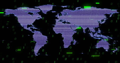 Wall Mural - Pixelated purple world map displaying in virtual space, with green binary code and glitch bars