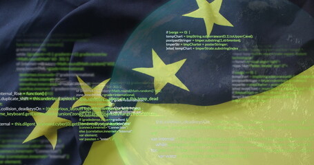 Wall Mural - Translucent EU sphere floating in virtual code background, showing lines of JavaScript source code