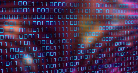 Wall Mural - Displaying glowing blue binary code matrix on computer screen interface, with blurred bokeh lights