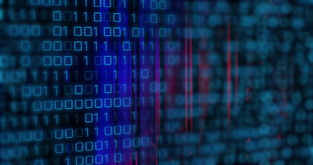 Wall Mural - Streaming grid of glowing binary digits and colored streaks at computer screen, with code interface