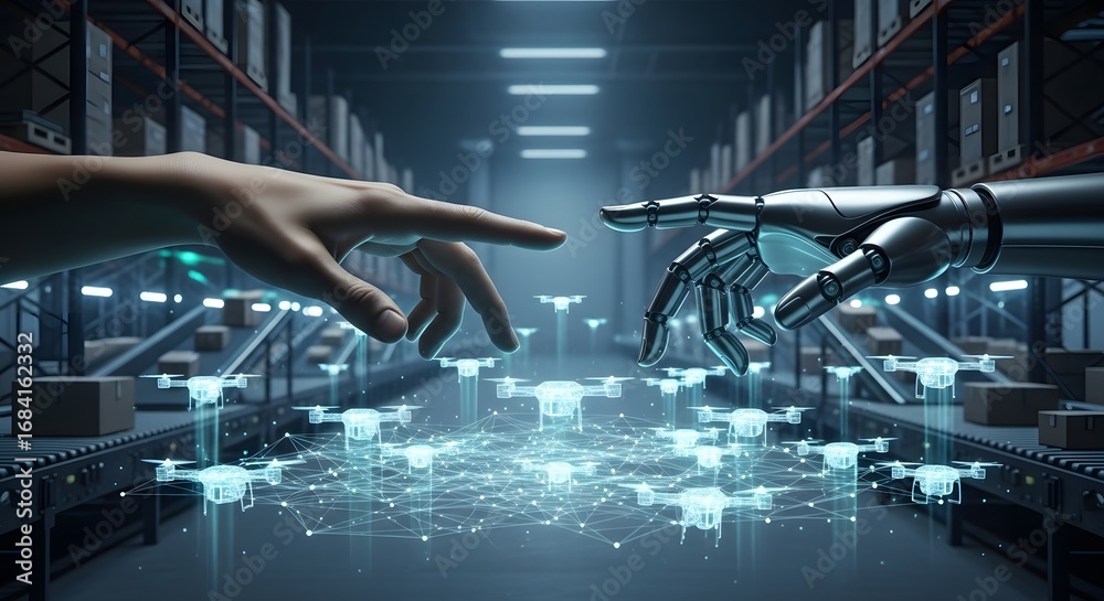 Automated Human Human and AI Hand Connecting in Smart Warehouse with Automated Drone ...