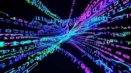 Dynamic video of colorful binary code streams, captured from a wide-angle perspective, creating a sense of digital motion and data flow. Live desktop wallpaper.