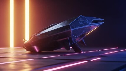 Futuristic geometric object with neon lights backdrop