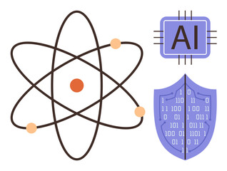 Atom structure representing science, AI chip symbolizing artificial intelligence, and shield with binary code for cybersecurity. Ideal for science, research, technology, innovation, AI, data