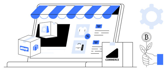 Large screen displays online shop with product listings, buy buttons, and discount icons. Additional elements include a package, gear, and a Bitcoin symbol with leaves. Ideal for e-commerce, digital