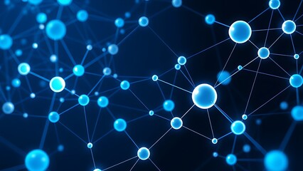Abstract blue and white interconnected spheres with glowing nodes, symbolizing a digital network on a dark background.
