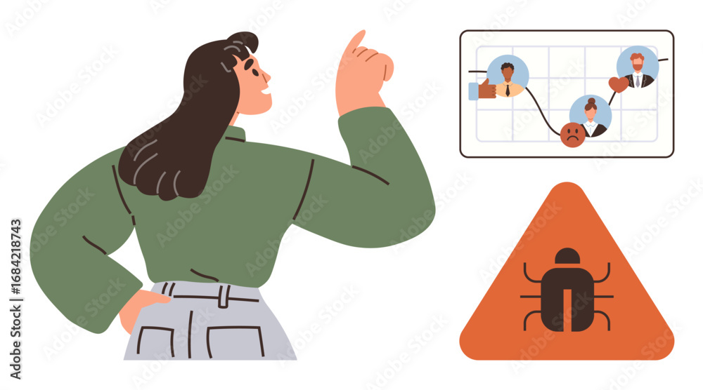 Teamwork Bug Woman pointing to workflow diagram with team members and bug warning ...
