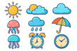 © Jane - Vector set of cute cartoon icons. Weather, time and sea life concepts. Sun, cloud, rain, umbrella, jellyfish and clock. Flat simple sticker collection for kids. Isolated design elements.