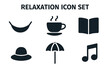 © Muri - Relaxation solid glyph icon set. Leisure, vacation, and well-being symbols. Stress relief concept with hammock, coffee, book, hat, beach umbrella, and music pictograms.