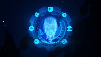 Wall Mural - Futuristic AI Technology with Digital Human Head in Blue Neon Interface