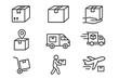 © Tim - Logistics and delivery icon bundle. Shipping and freight line icons. Vector symbols for parcel tracking, courier service, cargo transport by truck, van, plane. E-commerce.