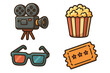 © Danja - Cinema icons set. Movie night entertainment collection. Vector cartoon illustration of a retro film camera, popcorn, 3D glasses and an admission ticket. Filmmaking elements.