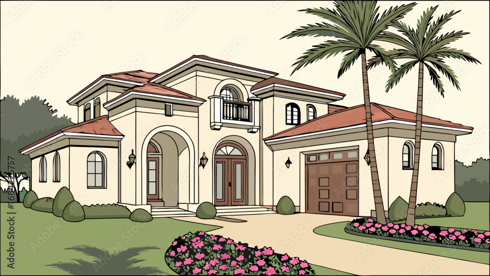 Mediterranean Style House Architectural Illustration Home Design Luxury ...