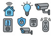 © Marie - Smart home technology icon set. Vector illustration of automation devices for lighting, security, and climate control. Remote access, surveillance, and IoT concept cartoon icons.