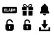 © Hannah - Reward icons grid set, solid filled vector icons including claim button, gift box with ribbon, notification bell, unlocked padlock, and download arrow, transparent background