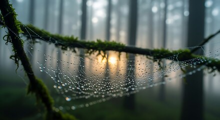 Dazzling dew drops glisten on a misty forest spiderweb as golden sunrise breaks through