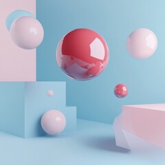 Wall Mural - Pastel spheres and geometric shapes floating in a minimalist scene.