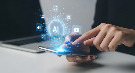 Artificial intelligence concept with person using smartphone and touching virtual ai icons on screen for future technology transformation and innovation